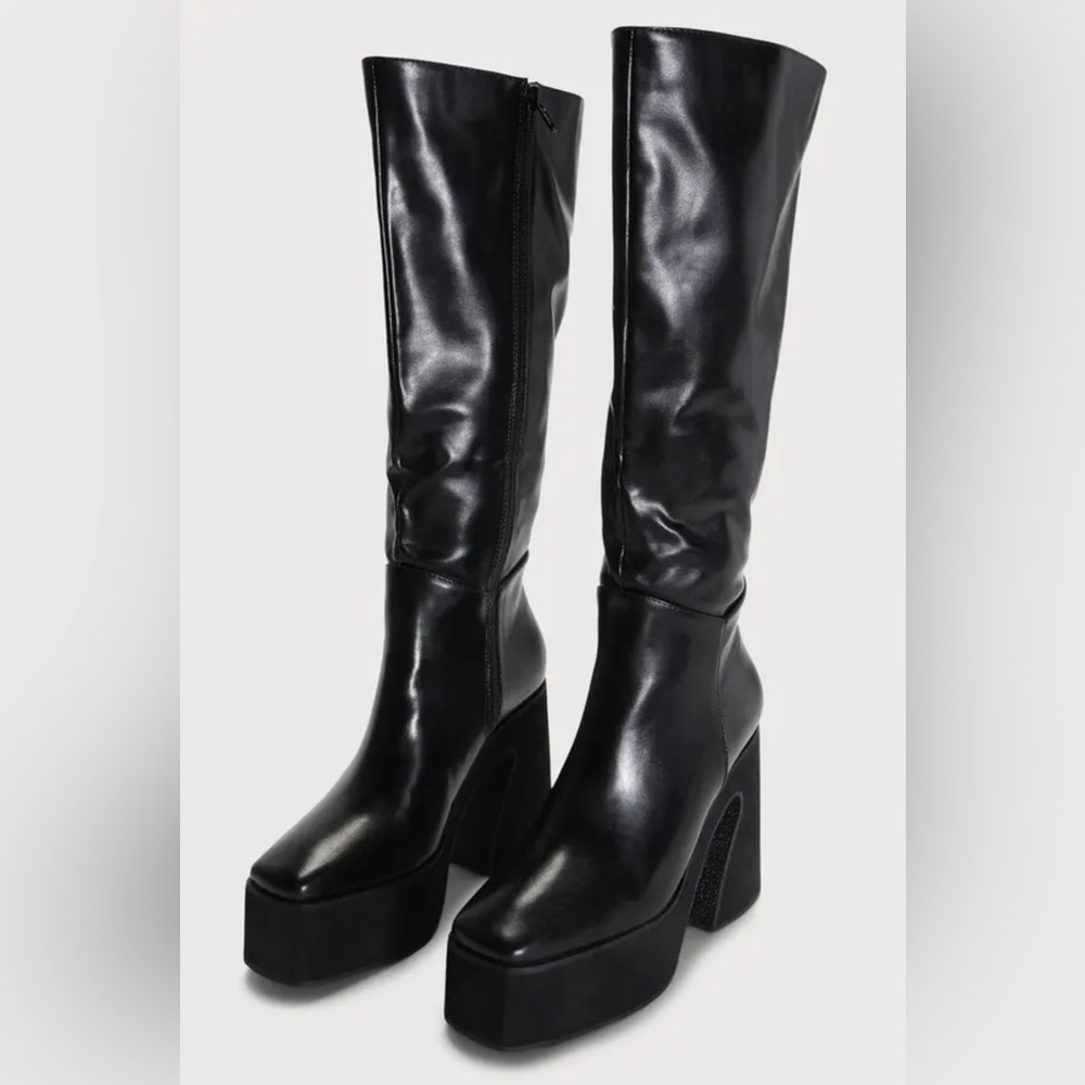 Lulu’s black faux leather square toe platform chunky knee high boots y2k goth